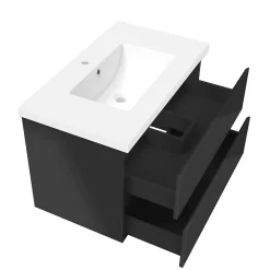 Meuble salle de bain 80cm noir brillant avec 2 tiroirs à fermeture automatique et simple lavabo