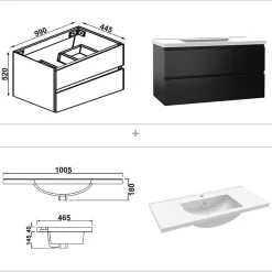 Meuble salle de bain 100cm noir brillant avec 2 tiroirs à fermeture automatique et simple lavabo céramique