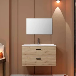 Meuble salle de bain 80cm suspendu 2 tiroirs Décor Bois avec vasque et miroir - BOX-IN