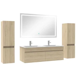 Meuble Salle de Bain 120cm vasque + colonne + miroir lumineux Chêne Wotan