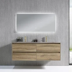 Meuble salle de bain double vasque 140cm bois et effet marbre marron avec miroir LED LB-8475M-140