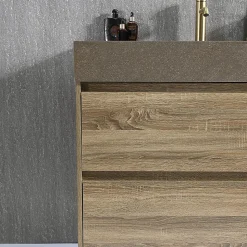 Meuble salle de bain double vasque 120cm bois et effet marbre marron avec miroir LED LB-8476M-120