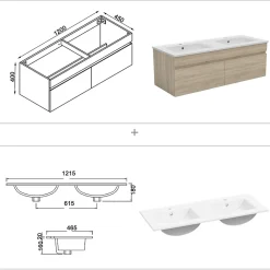 Meuble salle de bain double vasque 120cm meuble + miroir Chêne Wotan