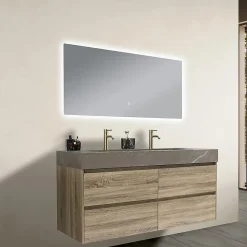 Meuble salle de bain double vasque 140cm bois et effet marbre marron avec miroir LED LB-8476M-140
