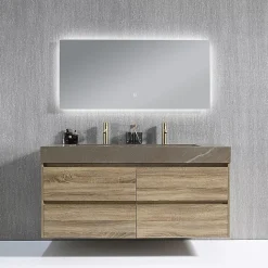 Meuble salle de bain double vasque 140cm bois et effet marbre marron avec miroir LED LB-8476M-140