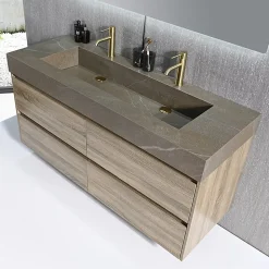 Meuble salle de bain double vasque 140cm bois et effet marbre marron avec miroir LED LB-8476M-140