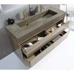 Meuble salle de bain double vasque 140cm bois et effet marbre marron avec miroir LED LB-8476M-140