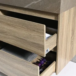 Meuble salle de bain double vasque 140cm bois et effet marbre marron avec miroir LED LB-8476M-140