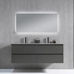 Meuble salle de bain double vasque 140cm gris et effet marbre gris avec miroir LED LB-8475G-140