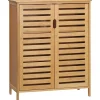 Meuble salle de bain en bambou naturel, meuble d'appoint 2 portes à lattes avec 2 étagères, rangement salon ou salle de bain