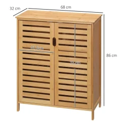Meuble salle de bain en bambou naturel, meuble d'appoint 2 portes à lattes avec 2 étagères, rangement salon ou salle de bain