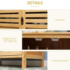 Meuble salle de bain en bambou naturel, meuble d'appoint 2 portes à lattes avec 2 étagères, rangement salon ou salle de bain