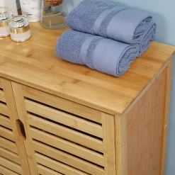 Meuble salle de bain en bambou naturel, meuble d'appoint 2 portes à lattes avec 2 étagères, rangement salon ou salle de bain