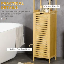 Meuble salle de bain en bambou autoportant, 3 compartiments ouverts, poignée et système anti-basculement, gain de place