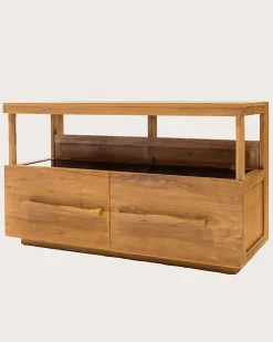 Meuble salle de bain en teck avec étagère en verre 140 cm - Uniqka