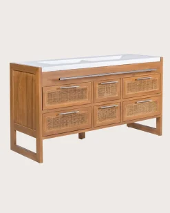 Meuble salle de bain en teck et terazzo beige 145 cm - Uniqka
