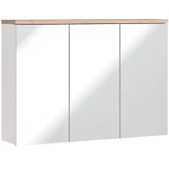 Meuble salle de bain ERMANO Chene clair et blanc brillant 100x69 cm 3 portes miroir Meuble suspendu