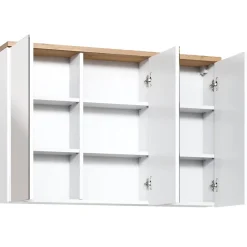 Meuble salle de bain ERMANO Chene clair et blanc brillant 100x69 cm 3 portes miroir Meuble suspendu