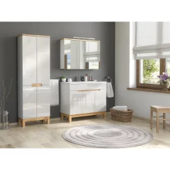 Meuble salle de bain ERMANO Chene clair et blanc brillant 100x69 cm 3 portes miroir Meuble suspendu
