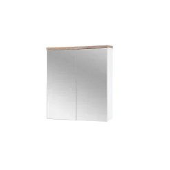 Meuble salle de bain ERMANO Chene clair et blanc brillant 60x70 cm 2 portes miroir Meuble suspendu
