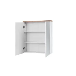 Meuble salle de bain ERMANO Chene clair et blanc brillant 60x70 cm 2 portes miroir Meuble suspendu
