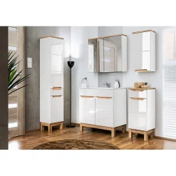 Meuble salle de bain ERMANO Chene clair et blanc brillant 35x70 cm 1 porte Meuble suspendu