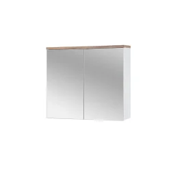 Meuble salle de bain ERMANO Chene clair et blanc brillant 80x70 cm 2 portes miroir Meuble suspendu