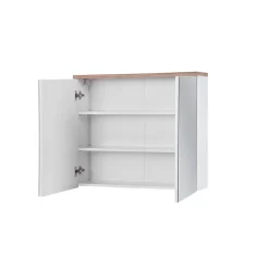 Meuble salle de bain ERMANO Chene clair et blanc brillant 80x70 cm 2 portes miroir Meuble suspendu