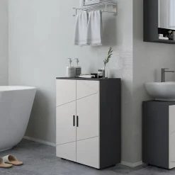 Meuble salle de bain gris à double porte avec étagères réglables, meuble d'appoint et rangement pour salon, 60x30x82 cm