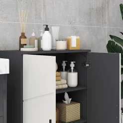 Meuble salle de bain gris à double porte avec étagères réglables, meuble d'appoint et rangement pour salon, 60x30x82 cm