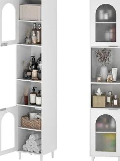 Meuble Salle de Bain Haut avec 2 Placards à Porte Verre, 2 Compartiments Ouverts, Pieds Surélevés,35x30x180 CM