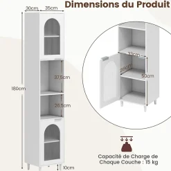 Meuble Salle de Bain Haut avec 2 Placards à Porte Verre, 2 Compartiments Ouverts, Pieds Surélevés,35x30x180 CM