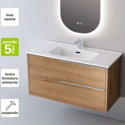 Meuble Salle de Bain LISTELLO 81 cm x H54 x P45 cm, Plan Vasque Cérame, 2 Tiroirs Impression 3D Poignée Inox, Chêne Clair