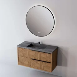 Meuble Salle de Bain REEL 101 cm x H54 x P45 cm, Plan Vasque Grès Cérame NA, 2 Tiroirs Impression 3D Poignée Noir, Chêne Moyen