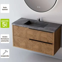 Meuble Salle de Bain REEL 101 cm x H54 x P45 cm, Plan Vasque Grès Cérame NA, 2 Tiroirs Impression 3D Poignée Noir, Chêne Moyen
