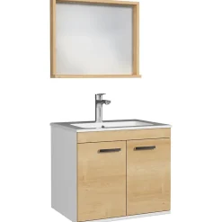 Meuble salle de bain RUBITE simple vasque 2 portes Chêne clair L. 60 cm + miroir cadre - Saniverre