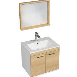 Meuble salle de bain RUBITE simple vasque 2 portes Chêne clair L. 60 cm + miroir cadre - Saniverre