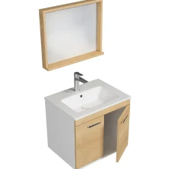 Meuble salle de bain RUBITE simple vasque 2 portes Chêne clair L. 60 cm + miroir cadre - Saniverre