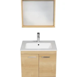 Meuble salle de bain RUBITE simple vasque 2 portes Chêne clair L. 60 cm + miroir cadre - Saniverre