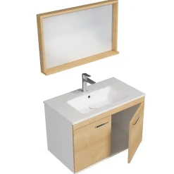 Meuble salle de bain RUBITE simple vasque 2 portes Chêne clair L. 80 cm + miroir cadre - Saniverre