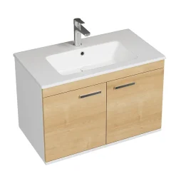 Meuble salle de bain RUBITE simple vasque 2 portes Chêne clair L. 80 cm + miroir cadre - Saniverre