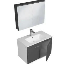 Meuble salle de bain RUBITE simple vasque 2 portes Gris anthracite L. 80 cm + miroir armoire - Saniverre