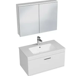 Meuble salle de bain simple vasque RUBITE 1 tiroir Blanc L. 80 cm + miroir armoire - Saniverre