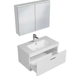 Meuble salle de bain simple vasque RUBITE 1 tiroir Blanc L. 80 cm + miroir armoire - Saniverre
