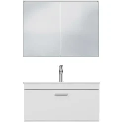 Meuble salle de bain simple vasque RUBITE 1 tiroir Blanc L. 80 cm + miroir armoire - Saniverre