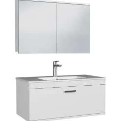 Meuble salle de bain simple vasque RUBITE 1 tiroir Blanc L. 90 cm + miroir armoire - Saniverre