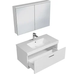 Meuble salle de bain simple vasque RUBITE 1 tiroir Blanc L. 90 cm + miroir armoire - Saniverre