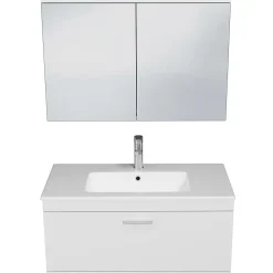 Meuble salle de bain simple vasque RUBITE 1 tiroir Blanc L. 90 cm + miroir armoire - Saniverre