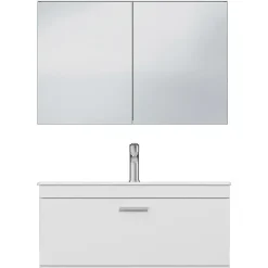 Meuble salle de bain simple vasque RUBITE 1 tiroir Blanc L. 90 cm + miroir armoire - Saniverre
