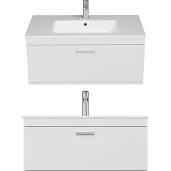 Meuble salle de bain simple vasque RUBITE 1 tiroir Blanc L. 90 cm + miroir armoire - Saniverre